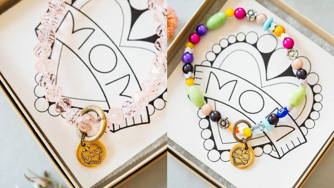 Limited edition Mom charm bracelet by Bella Vita Jewelry featuring Katie Tattoos design in colorful and pink crystal styles