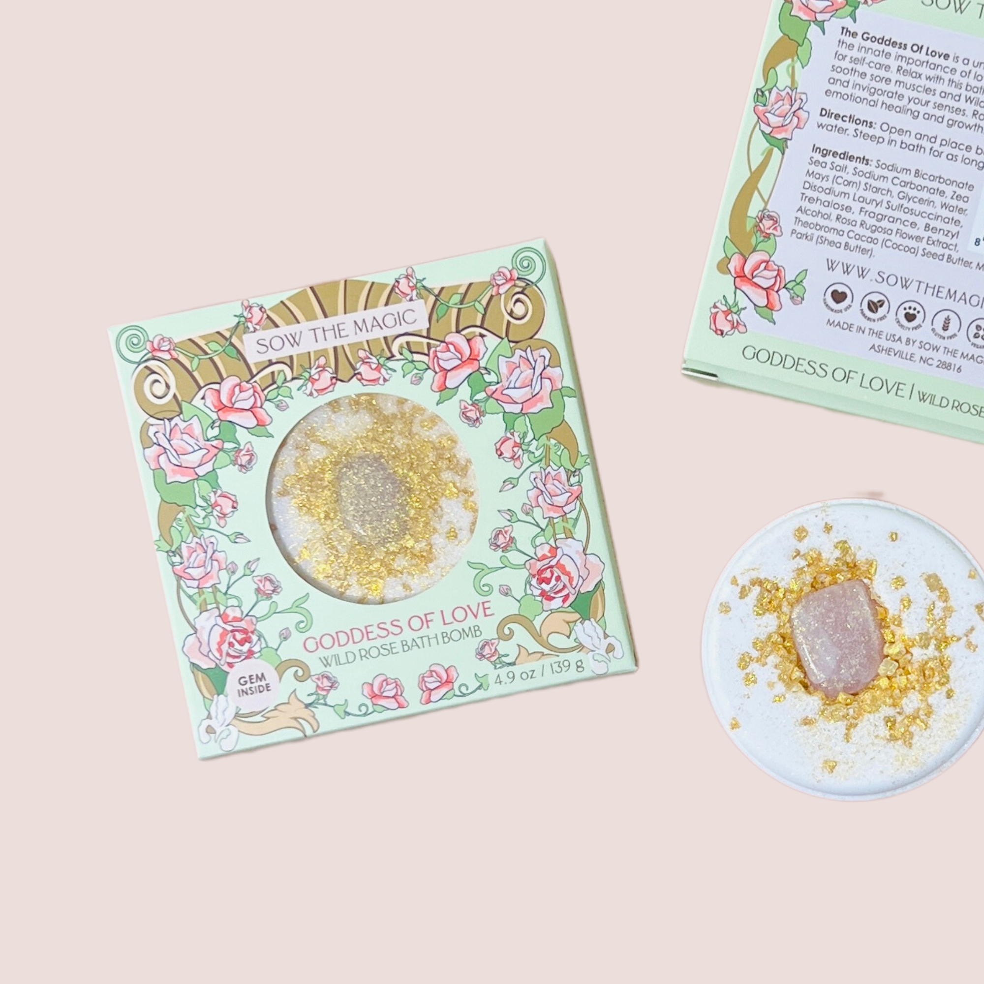 Goddess of Love Wild Rose Bath Bomb with Rose Quartz Sow the Magic