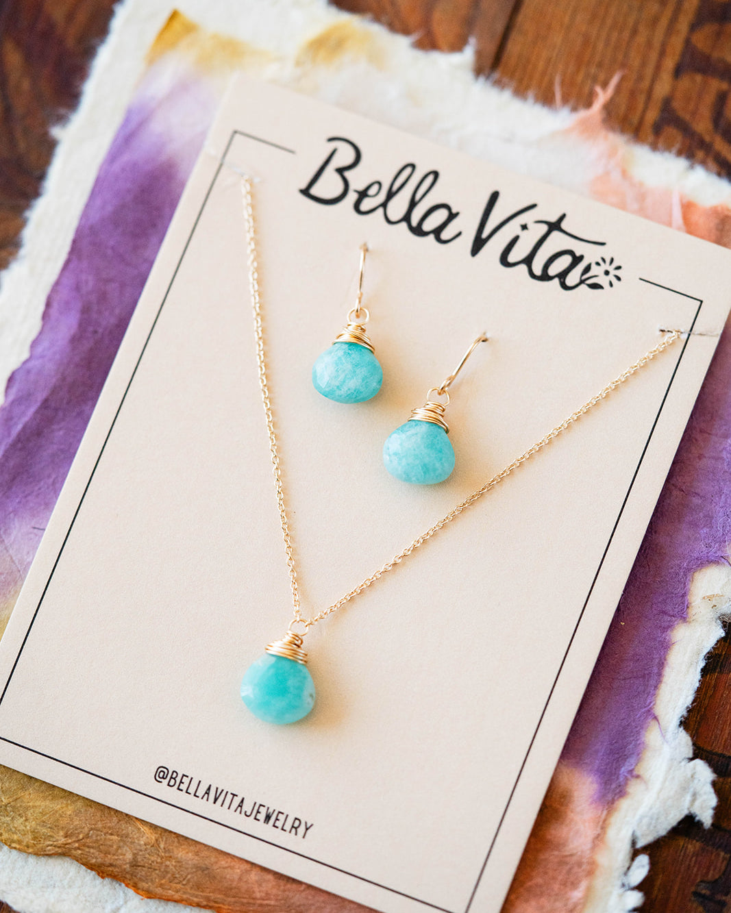 Natural Stone Jewelry Gift Sets Charm + Pendant Necklaces Bella Vita Jewelry Amazonite 14k Gold Filled