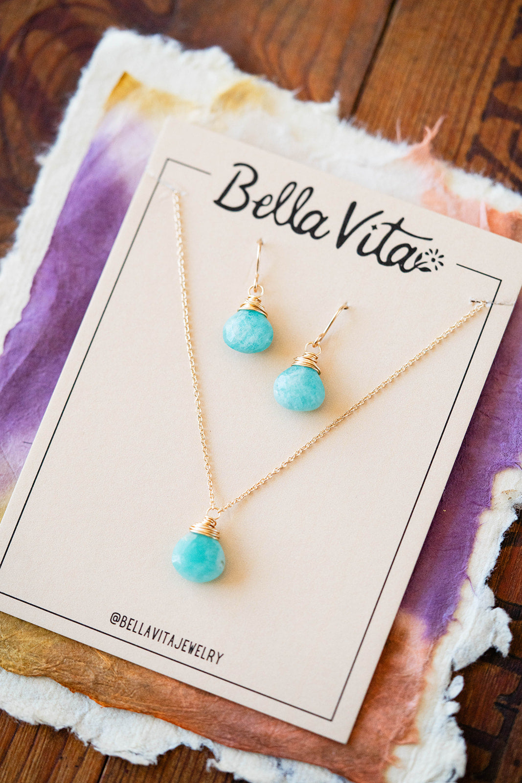 Natural Stone Jewelry Gift Sets Charm + Pendant Necklaces Bella Vita Jewelry Amazonite 14k Gold Filled