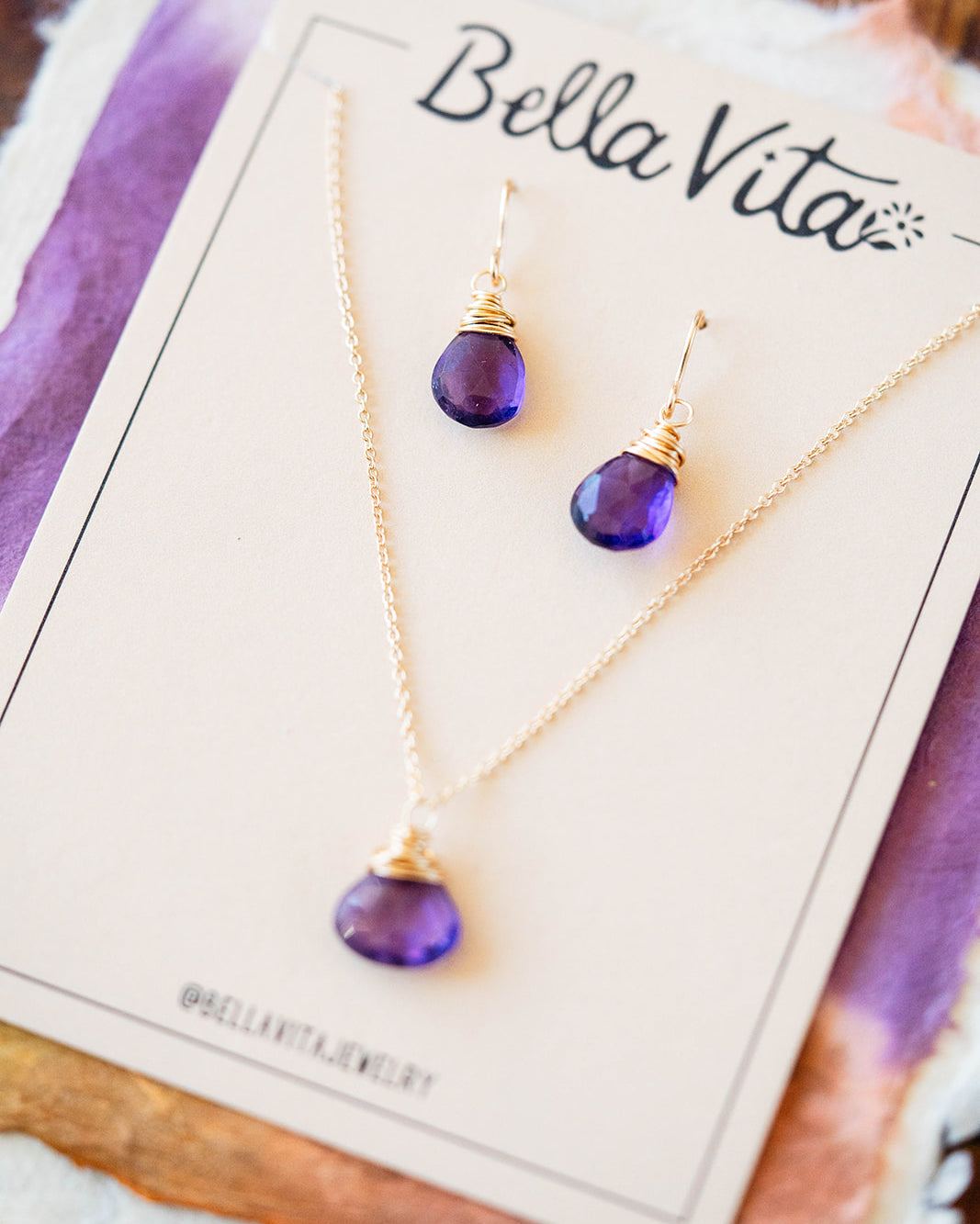 Natural Stone Jewelry Gift Sets Charm + Pendant Necklaces Bella Vita Jewelry Amethyst 14k Gold Filled