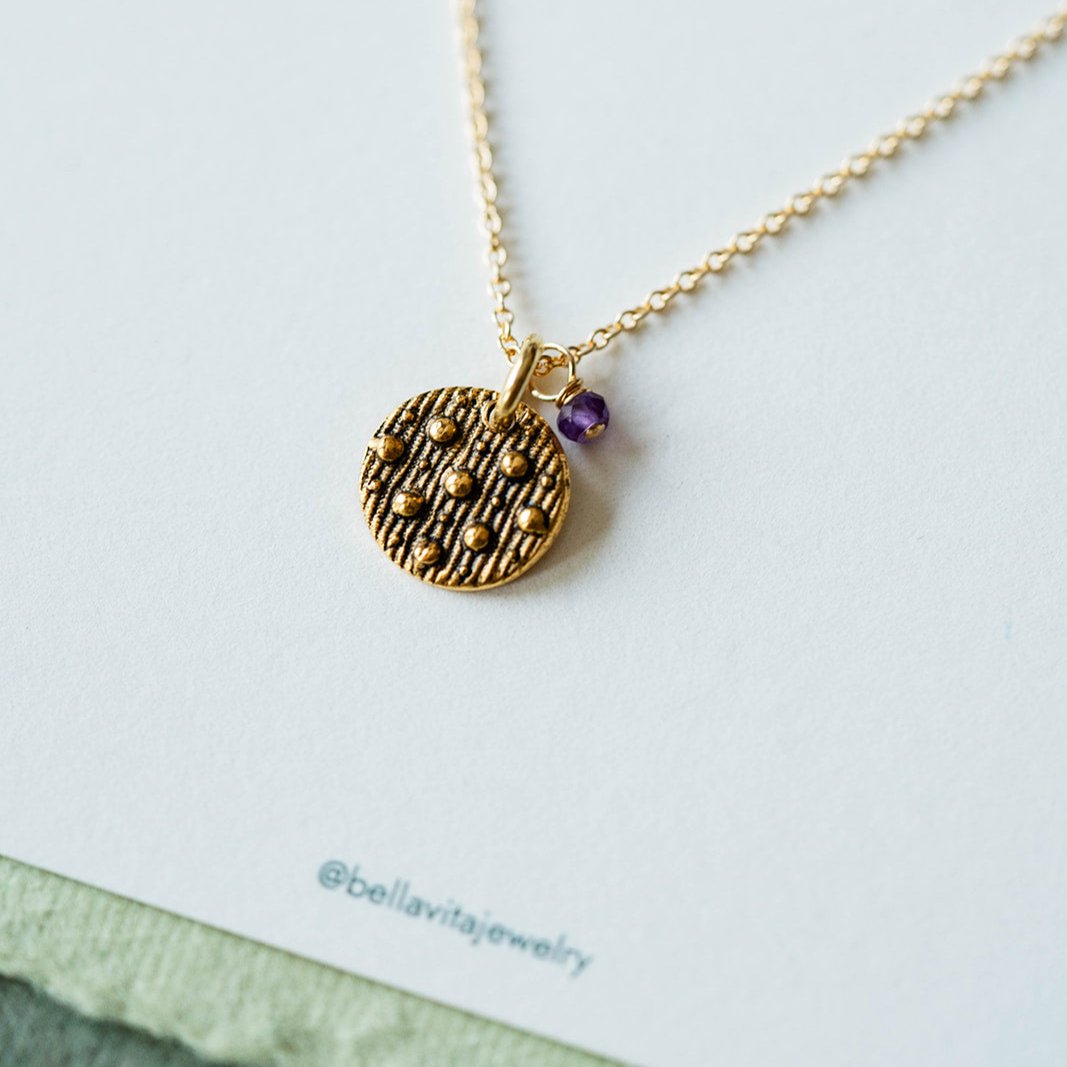 Dainty Birthstone Button Charm Necklace Charm + Pendant Necklaces Bella Vita Jewelry Amethyst (February) Gold Plated Charm/14K GF Chain