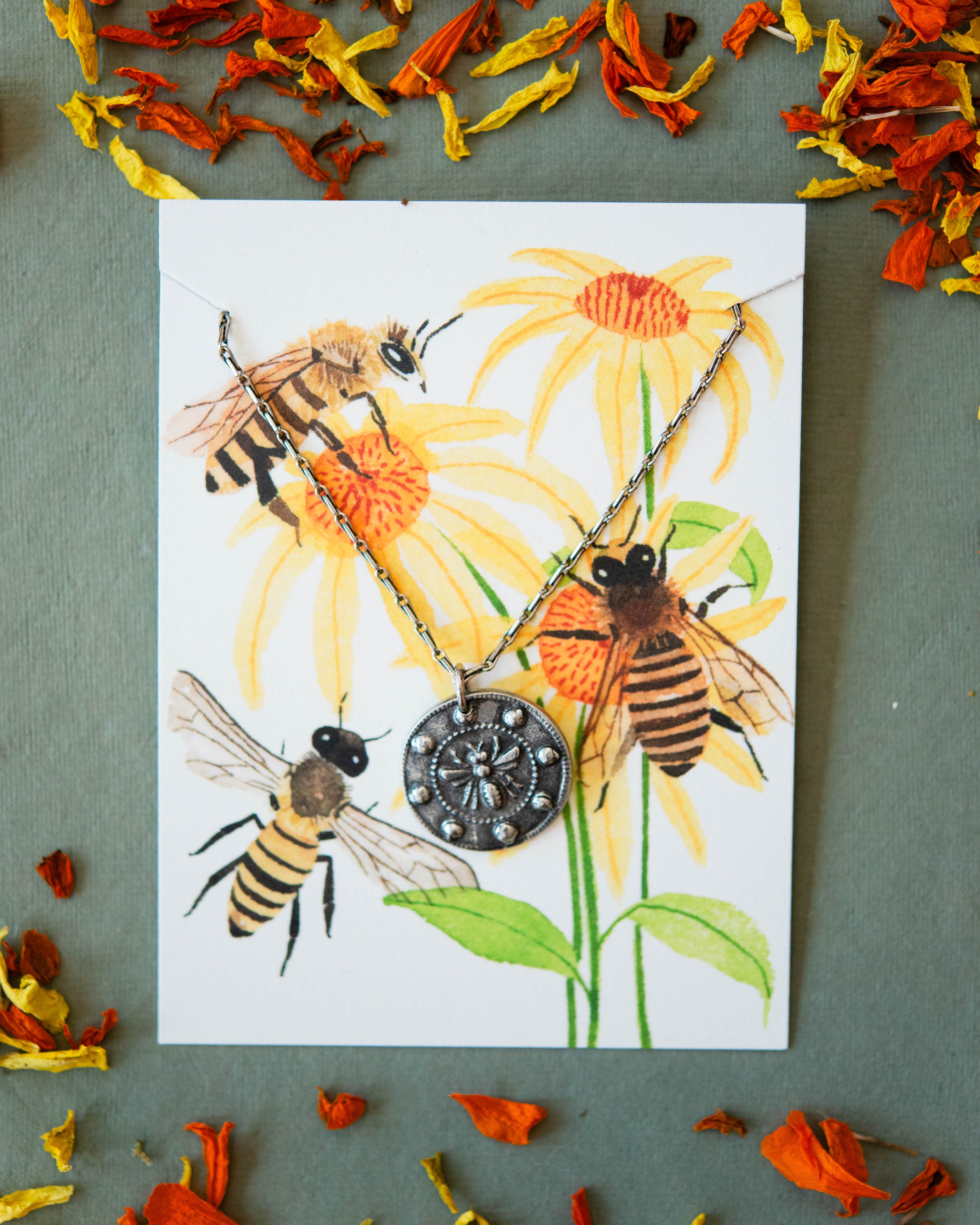 In the Garden - Honey Bee Necklace Charm + Pendant Necklaces Bella Vita Jewelry Pewter Pendant/Silver Plated Chain