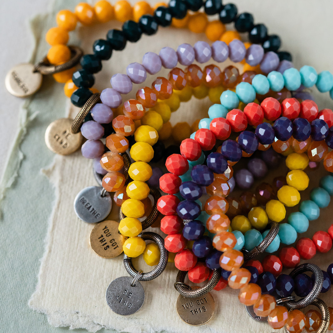 Crystal Bangle + Mantra Charm Beaded Bangles Bella Vita Jewelry