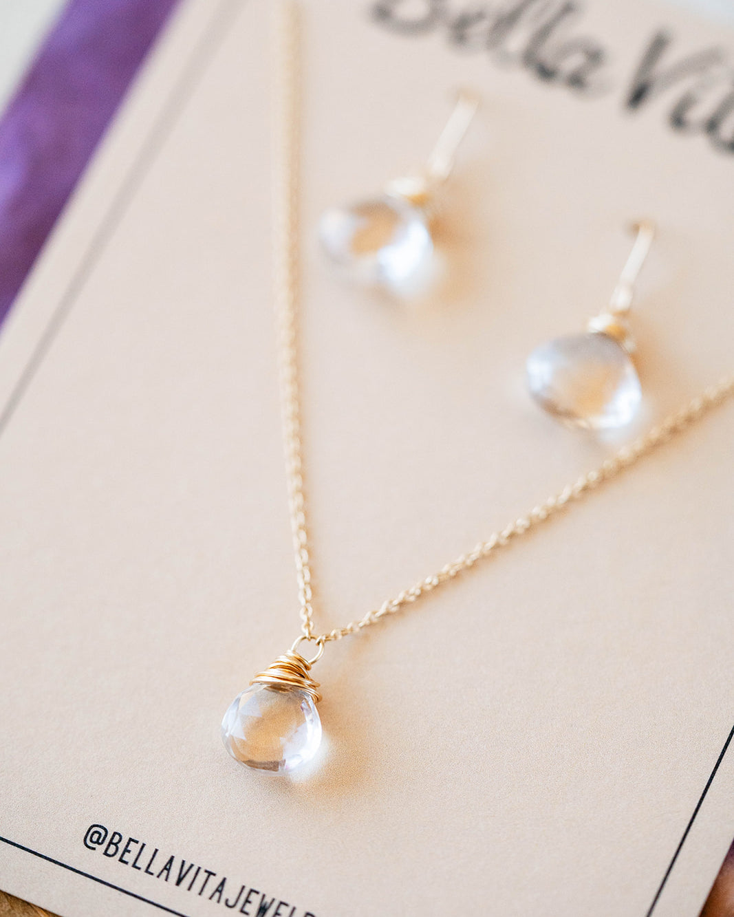 Natural Stone Jewelry Gift Sets Charm + Pendant Necklaces Bella Vita Jewelry Clear Quartz 14k Gold Filled