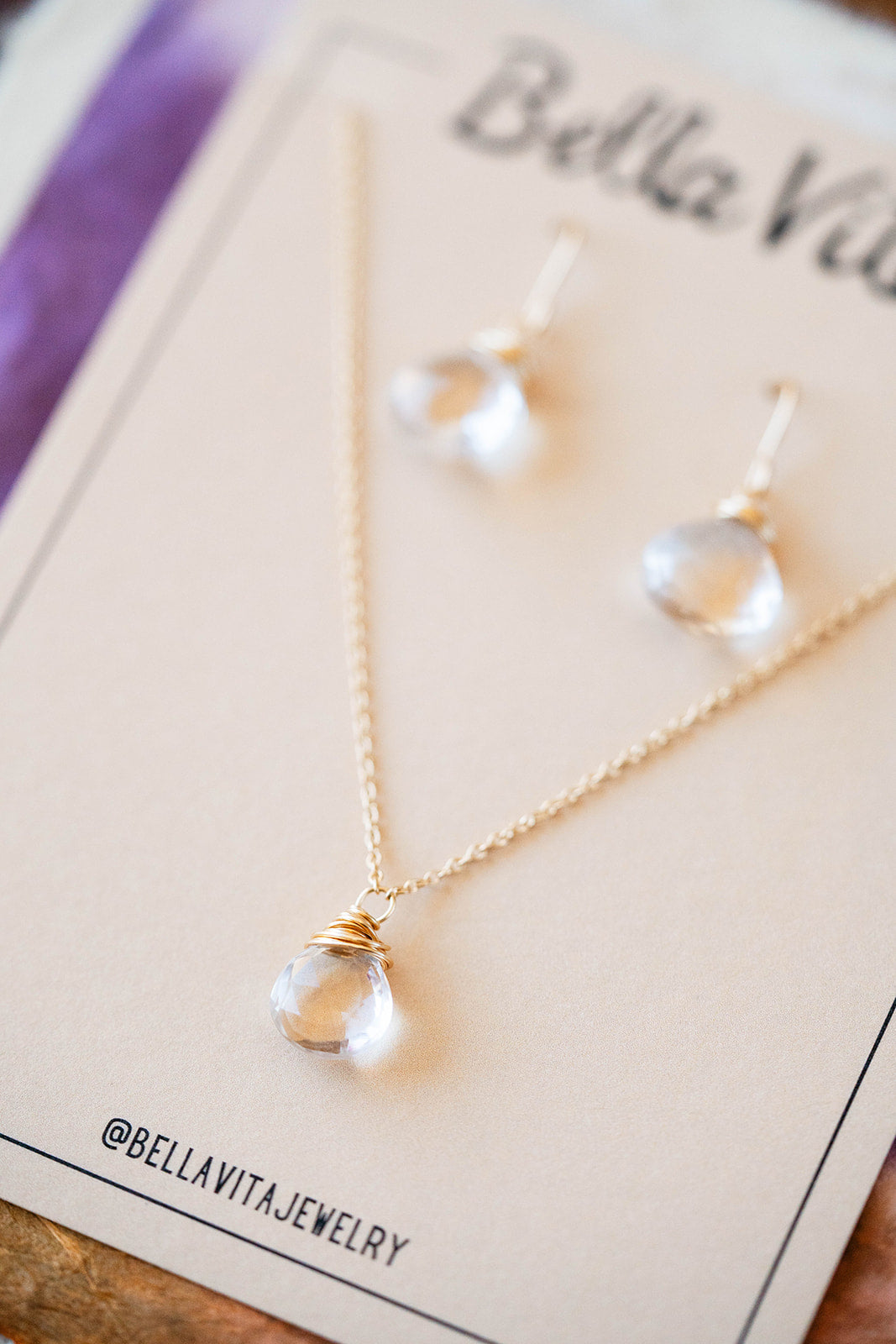 Natural Stone Jewelry Gift Sets Charm + Pendant Necklaces Bella Vita Jewelry Clear Quartz 14k Gold Filled