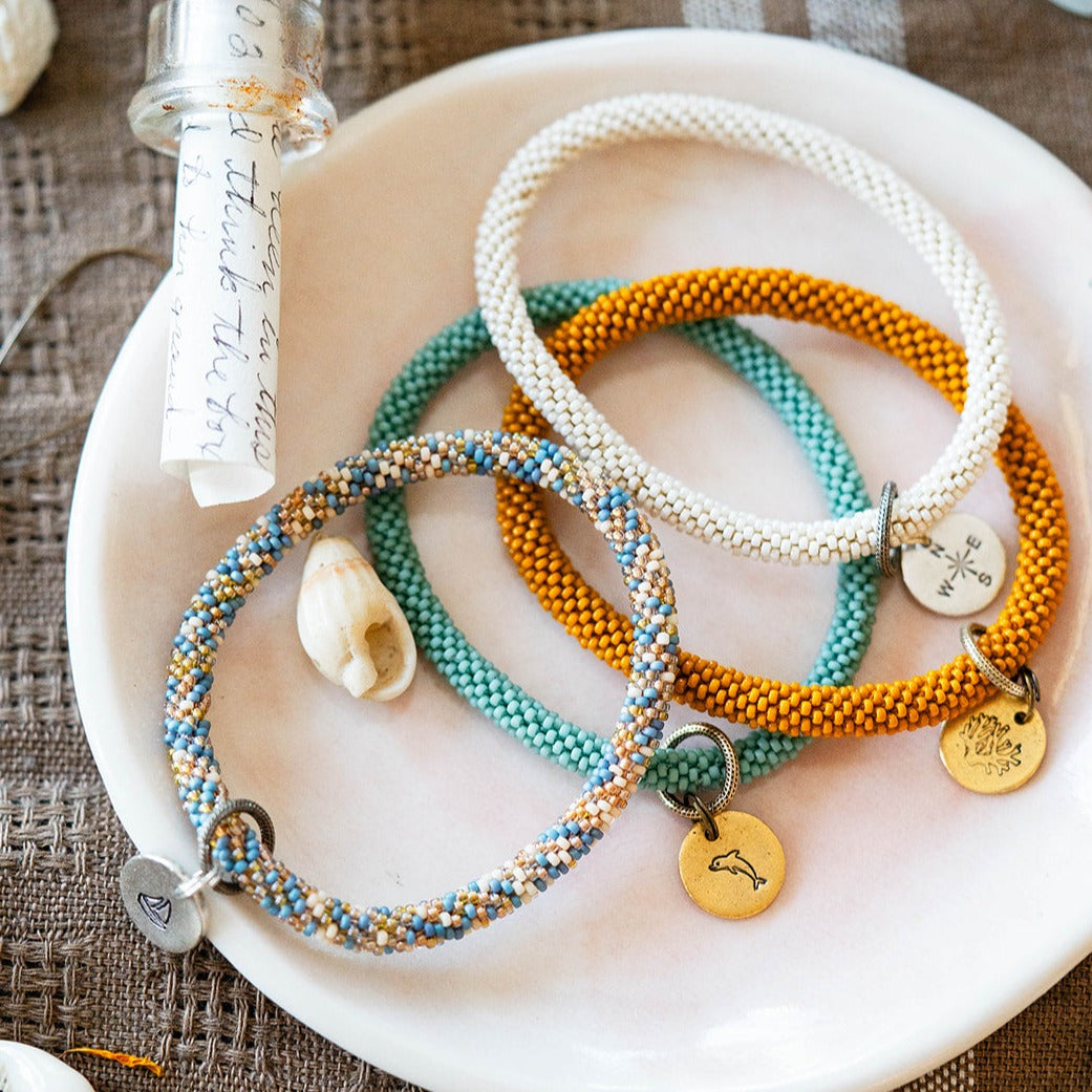 Beach Vibes Handstamped Charm Bracelet - Customizable Summer Jewelry Beaded Bangles Bella Vita Jewelry