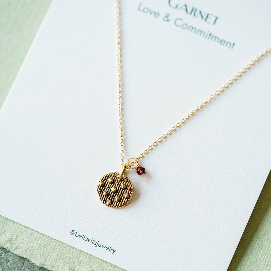 Dainty Birthstone Button Charm Necklace Charm + Pendant Necklaces Bella Vita Jewelry Garnet (January) Gold Plated Charm/14K GF Chain