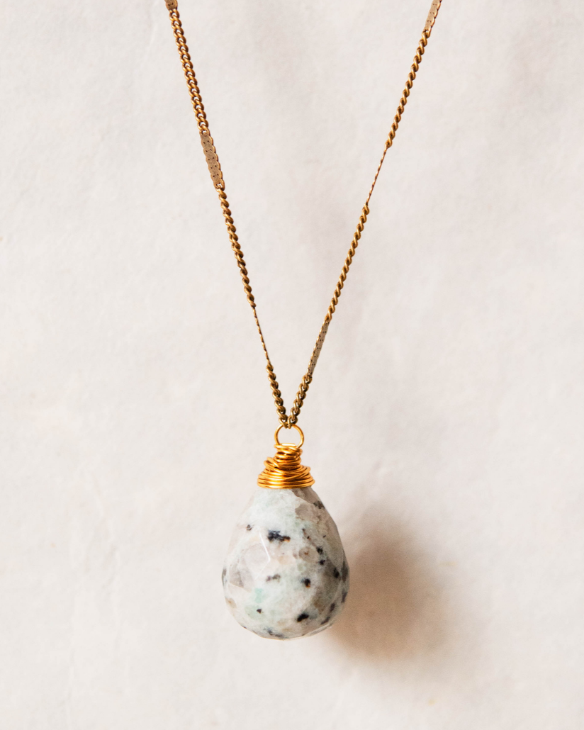 Zara Drop Necklace – The Perfect Gift of Timeless Elegance and Artisan Craftsmanship Necklaces Bella Vita Jewelry Kiwi Jasper Antique Gold Plated