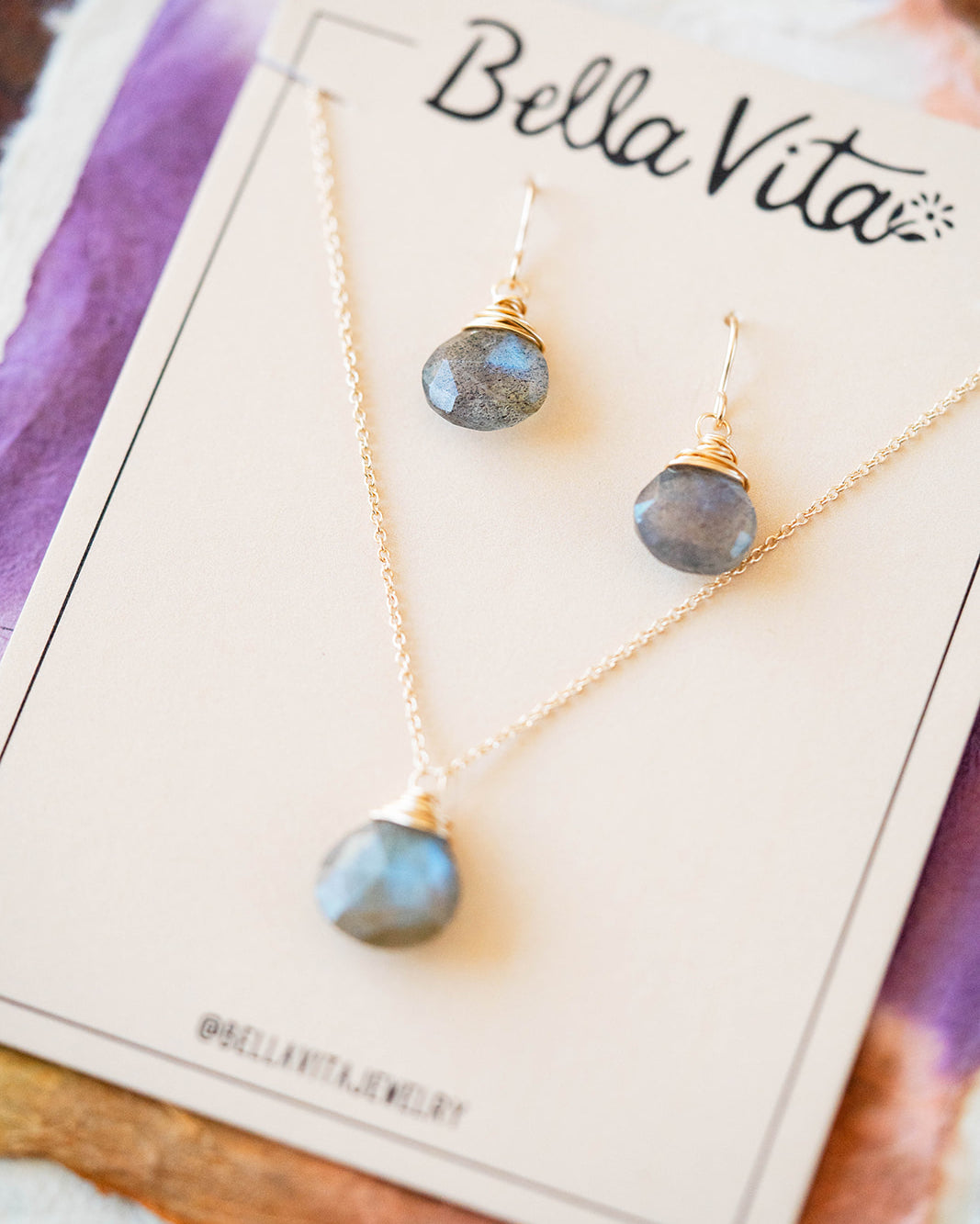 Natural Stone Jewelry Gift Sets Charm + Pendant Necklaces Bella Vita Jewelry Labradorite 14k Gold Filled