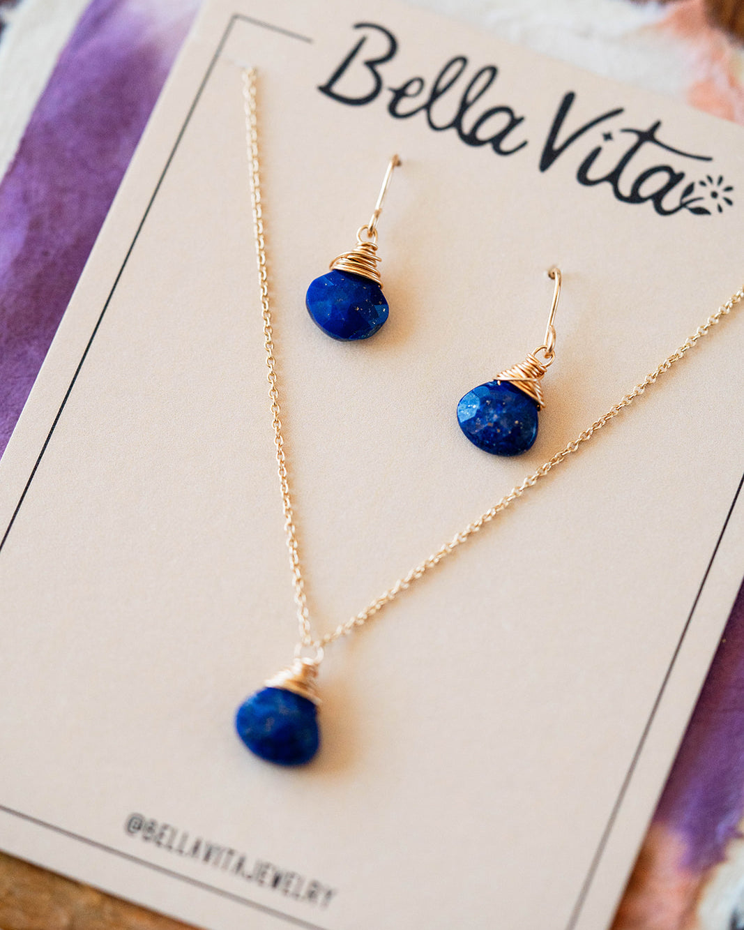 Natural Stone Jewelry Gift Sets Charm + Pendant Necklaces Bella Vita Jewelry Lapis 14k Gold Filled