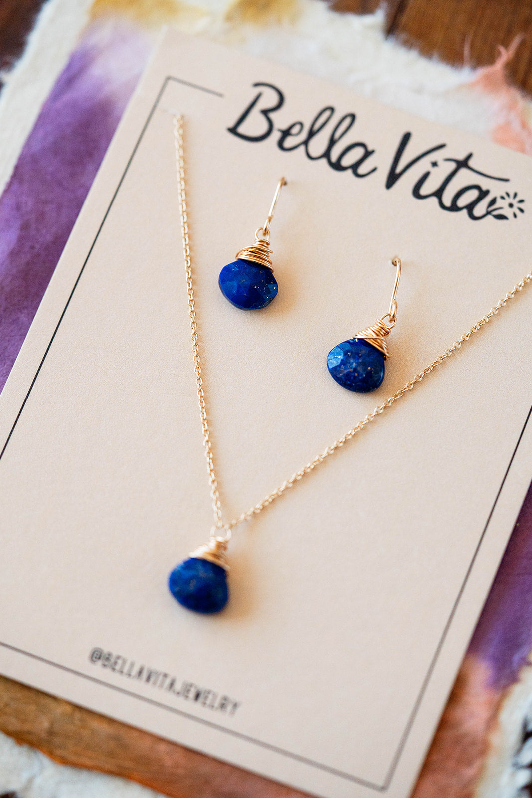 Natural Stone Jewelry Gift Sets Charm + Pendant Necklaces Bella Vita Jewelry Lapis 14k Gold Filled