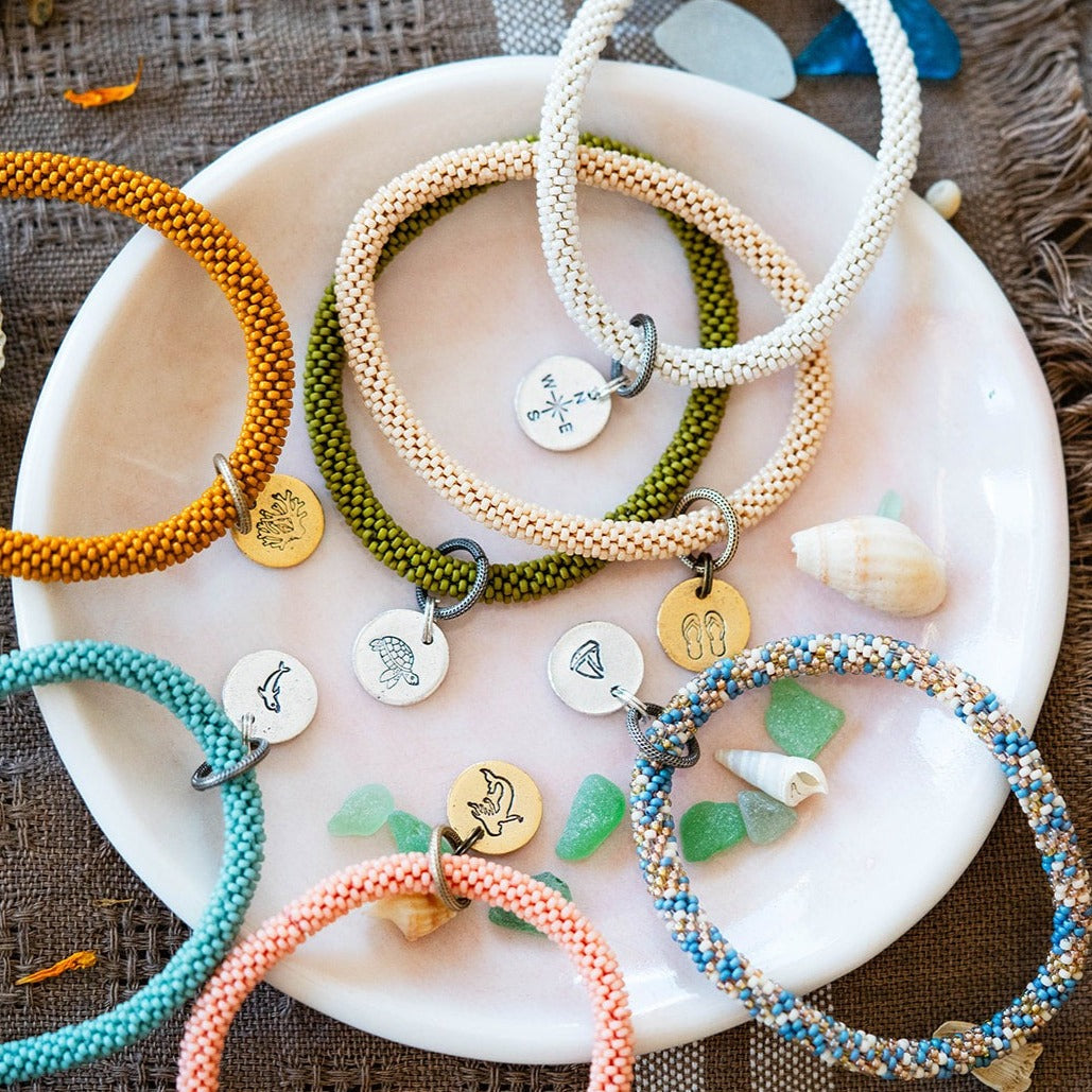 Beach Vibes Handstamped Charm Bracelet - Customizable Summer Jewelry Beaded Bangles Bella Vita Jewelry