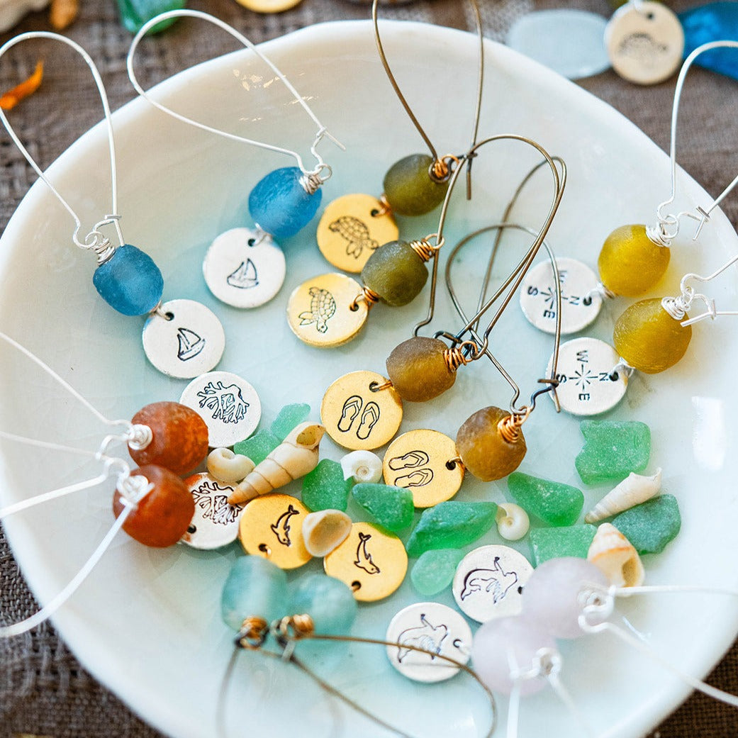 Beach Vibes Handstamped Sea Glass Earrings - Customizable Summer Jewelry Dangle Earrings Bella Vita Jewelry