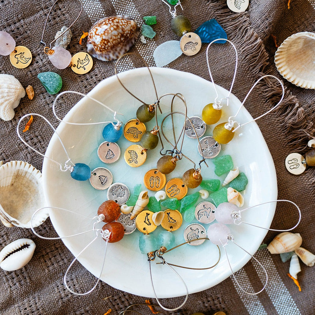 Beach Vibes Handstamped Sea Glass Earrings - Customizable Summer Jewelry Dangle Earrings Bella Vita Jewelry