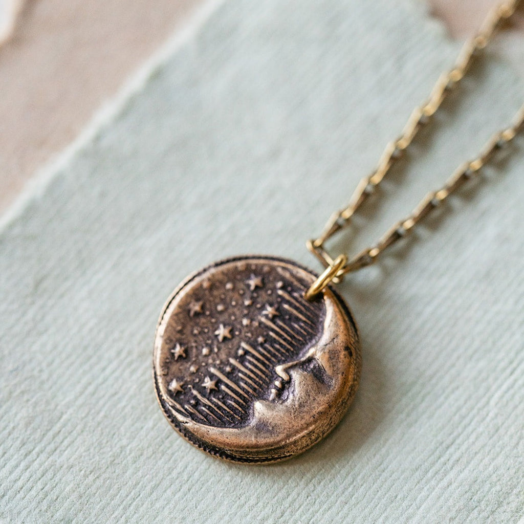 Moon and Stars Heirloom Button Necklace Charm + Pendant Necklaces Bella Vita Jewelry   