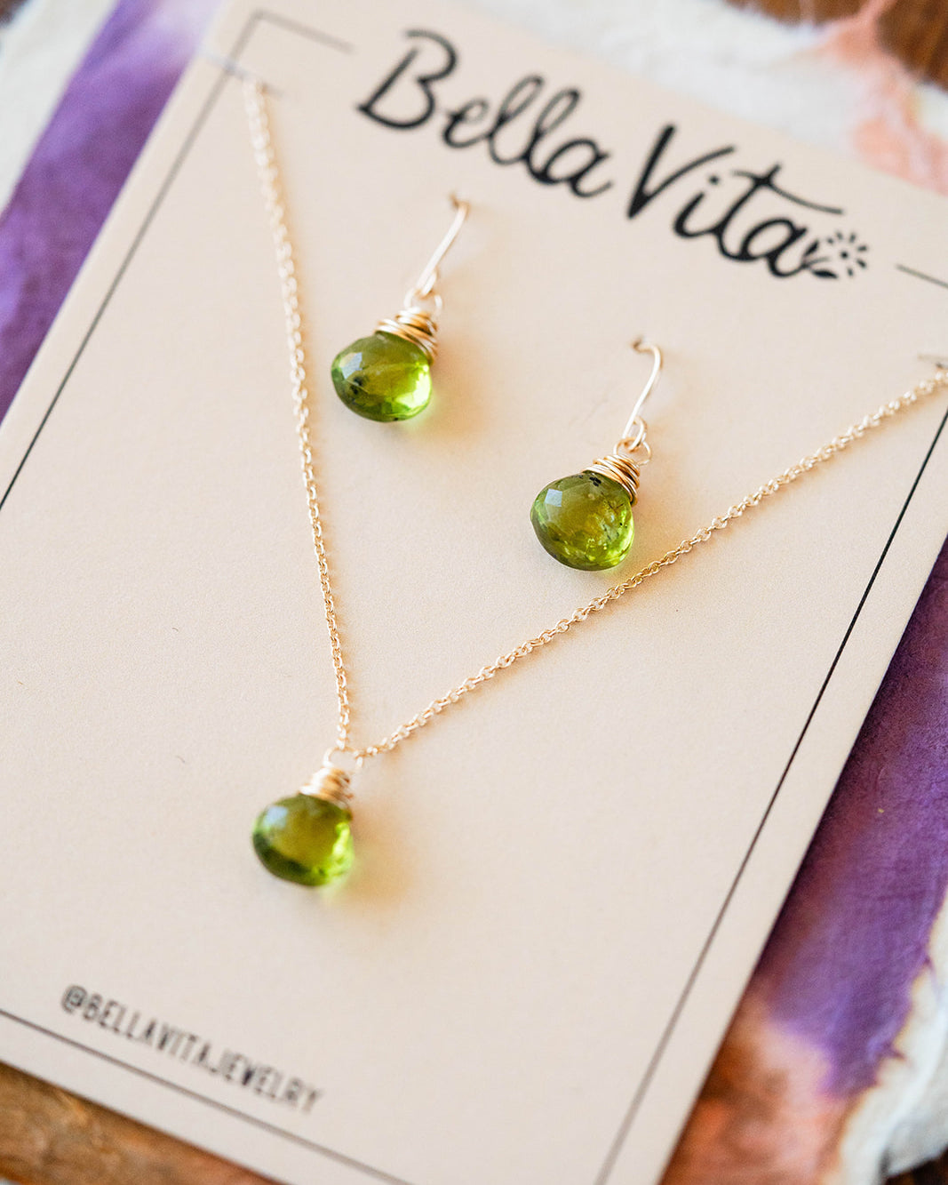 Natural Stone Jewelry Gift Sets Charm + Pendant Necklaces Bella Vita Jewelry Peridot 14k Gold Filled