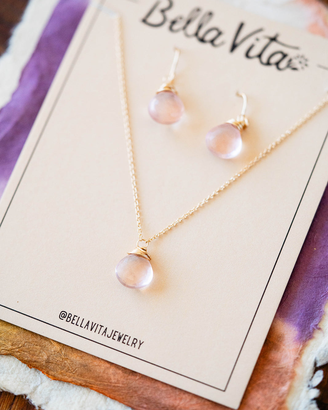 Natural Stone Jewelry Gift Sets Charm + Pendant Necklaces Bella Vita Jewelry Rose Quartz 14k Gold Filled