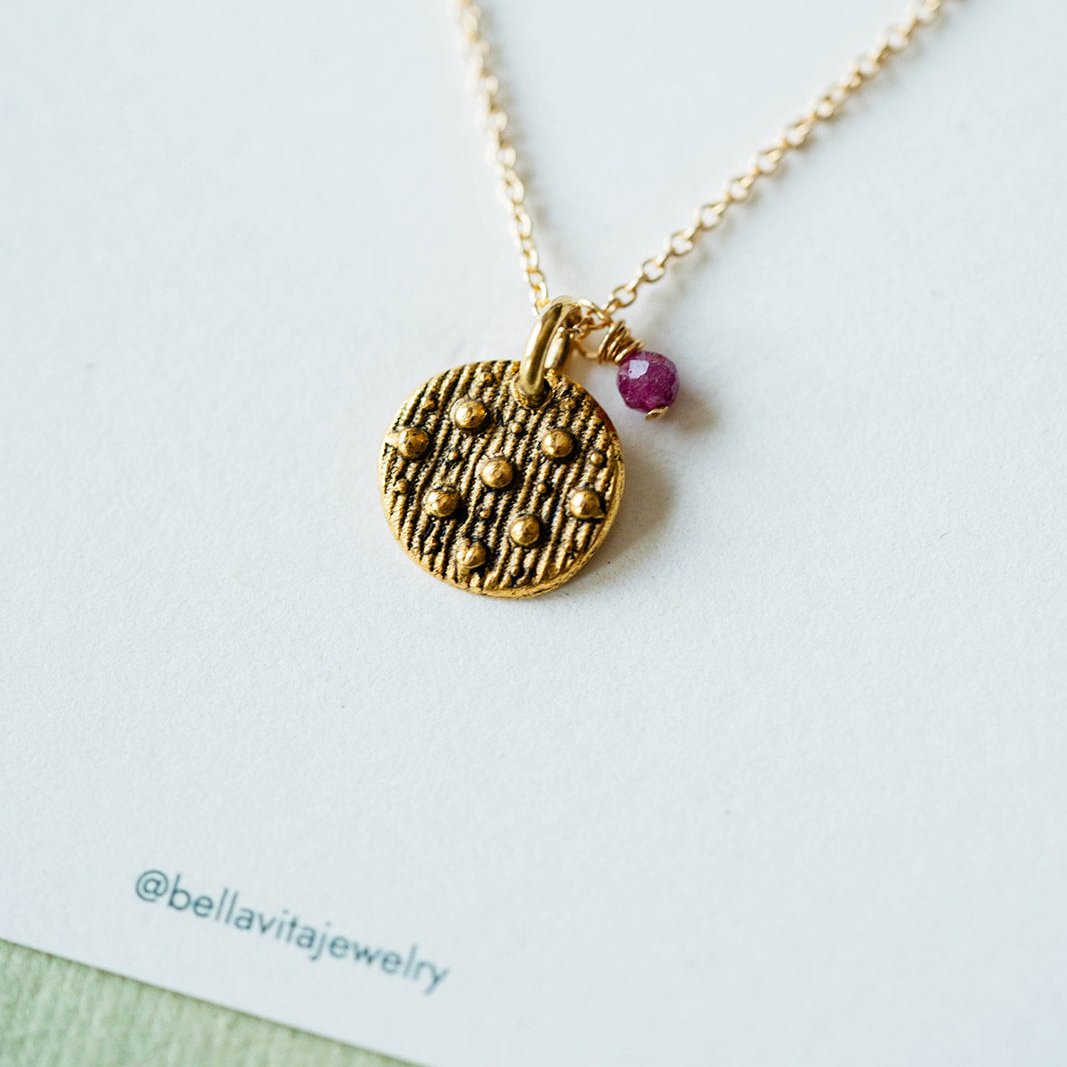 Dainty Birthstone Button Charm Necklace Charm + Pendant Necklaces Bella Vita Jewelry Ruby (July) Gold Plated Charm/14K GF Chain