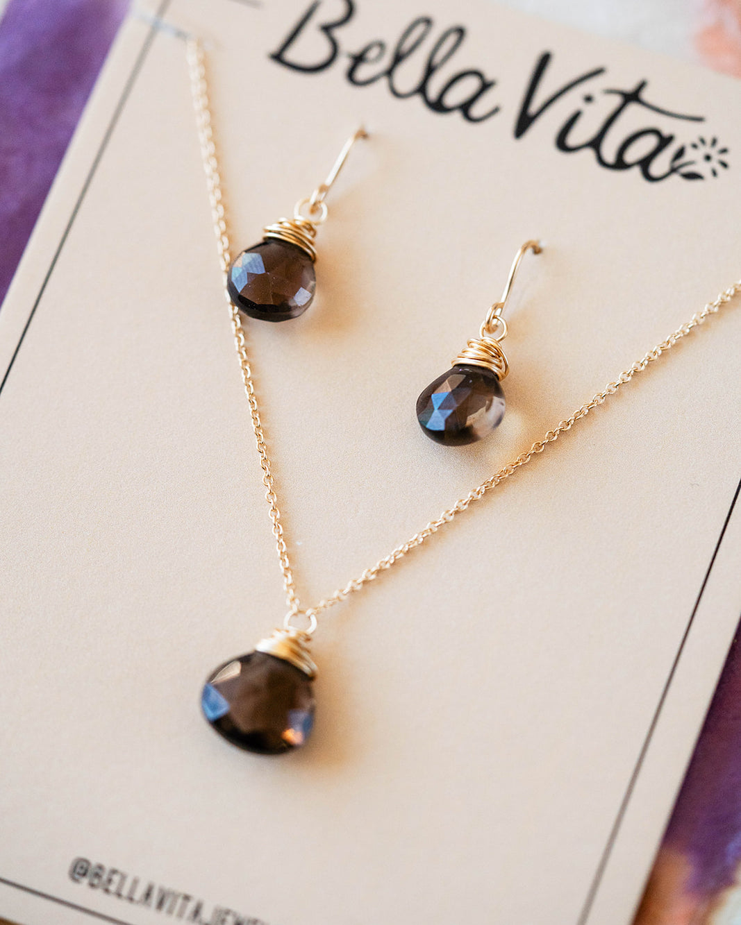 Natural Stone Jewelry Gift Sets Charm + Pendant Necklaces Bella Vita Jewelry Smokey Quartz 14k Gold Filled