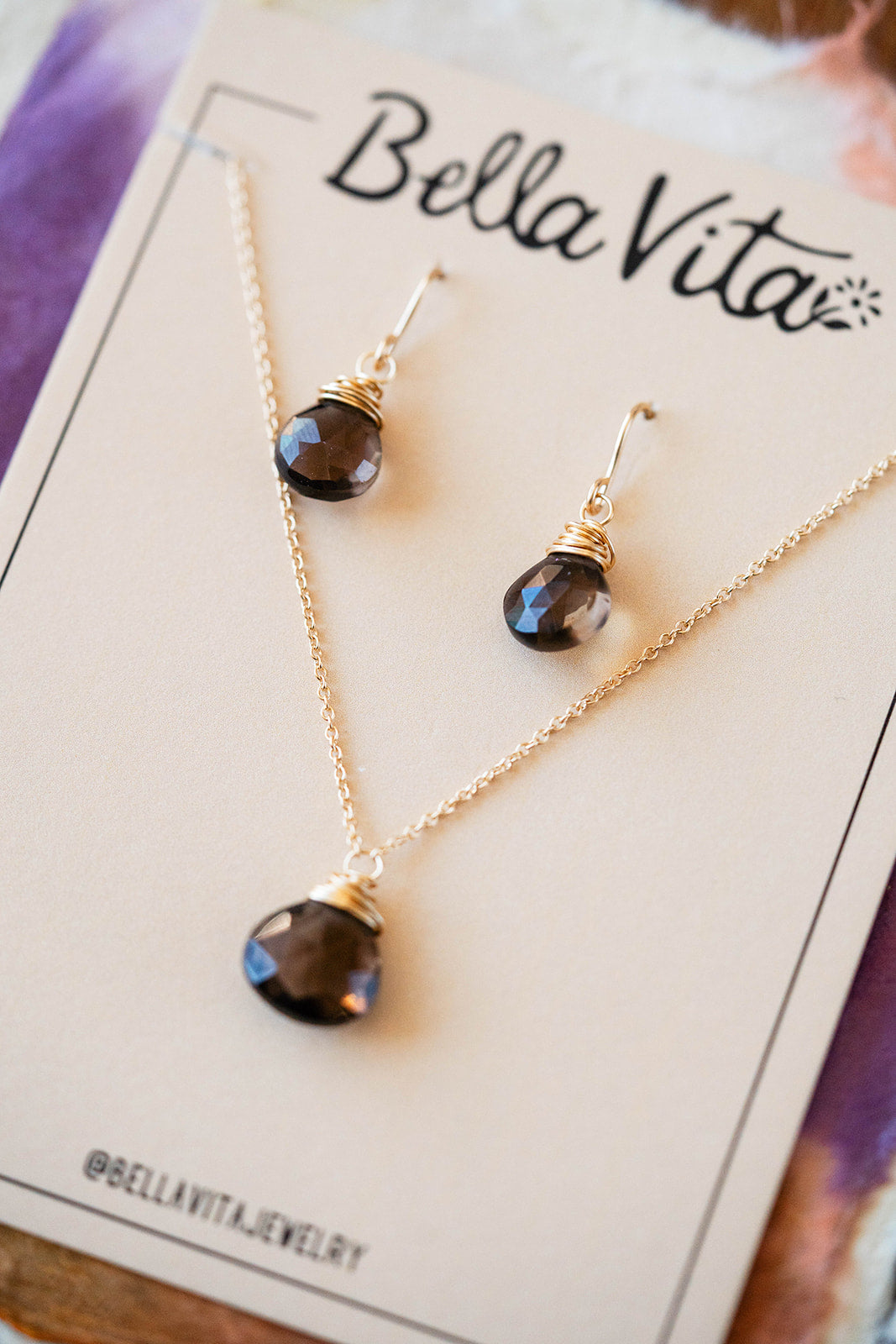 Natural Stone Jewelry Gift Sets Charm + Pendant Necklaces Bella Vita Jewelry Smokey Quartz 14k Gold Filled