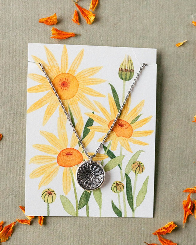 In the Garden - Sunflower Necklace Charm + Pendant Necklaces Bella Vita Jewelry Pewter Pendant/Silver Plated Chain