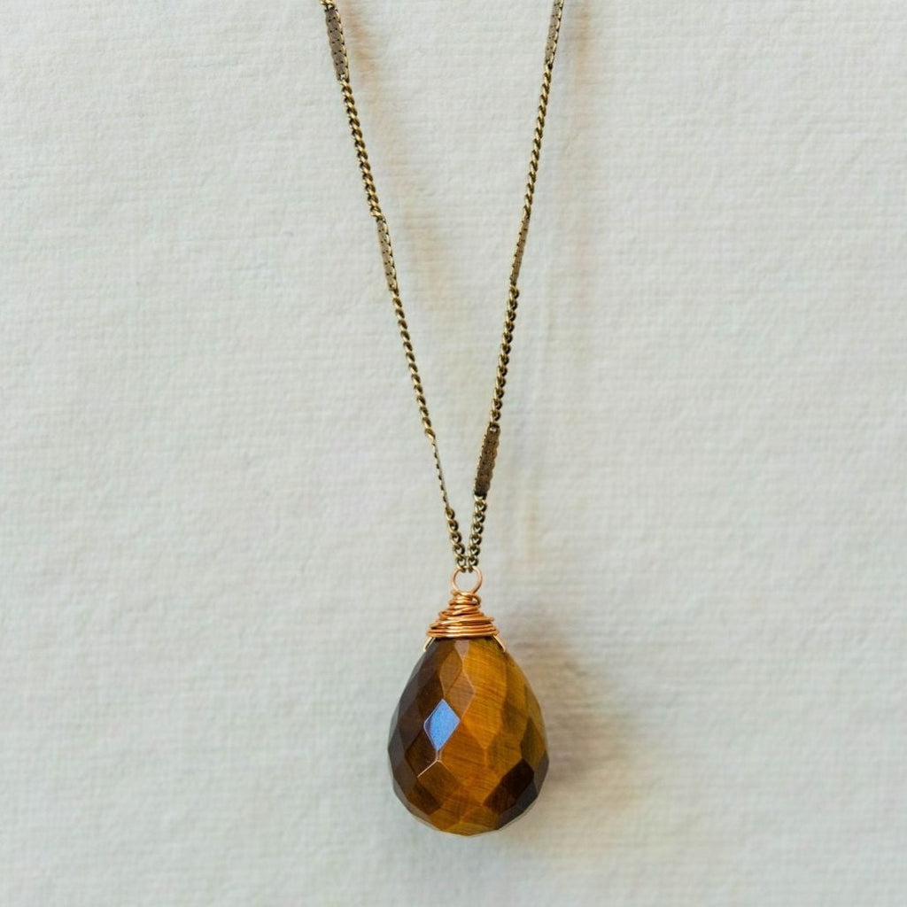 Zara Drop Necklace Necklaces Bella Vita Jewelry Tigers Eye Antique Gold Plated 