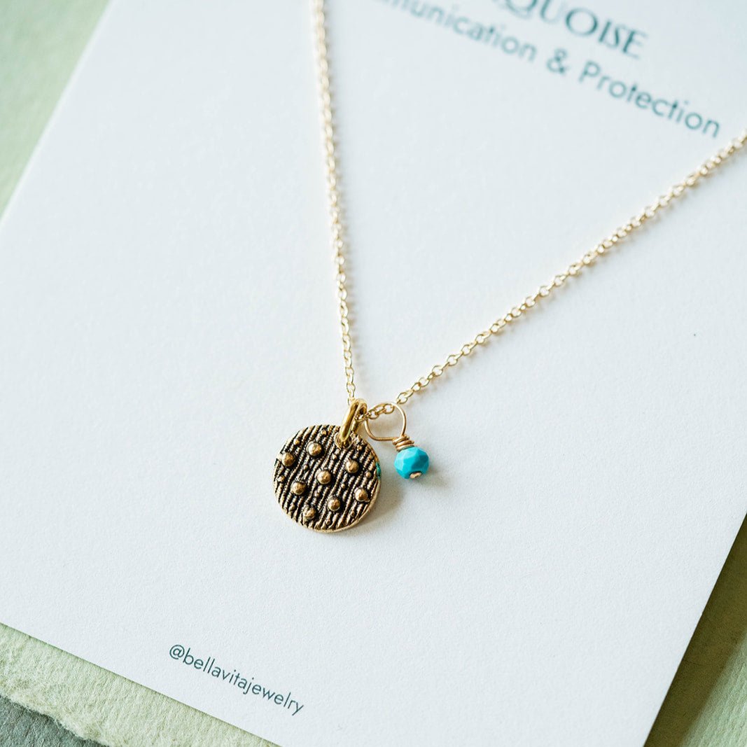 Dainty Birthstone Button Charm Necklace Charm + Pendant Necklaces Bella Vita Jewelry Turquoise (December) Gold Plated Charm/14K GF Chain