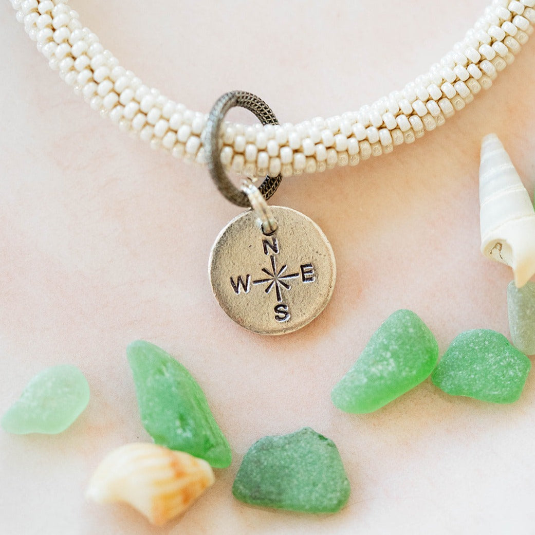 Beach Vibes Handstamped Charm Bracelet - Customizable Summer Jewelry Beaded Bangles Bella Vita Jewelry Pewter Compass