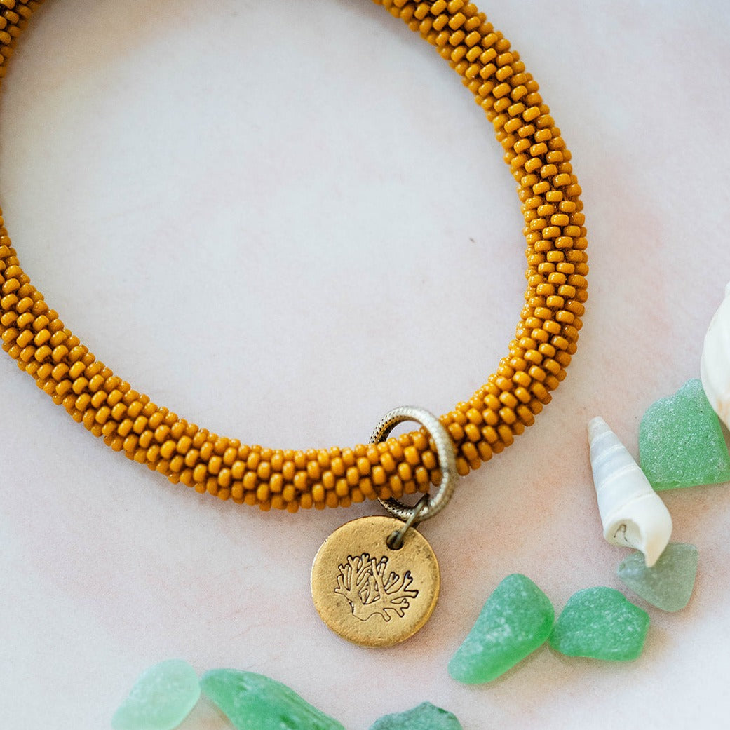 Beach Vibes Handstamped Charm Bracelet - Customizable Summer Jewelry Beaded Bangles Bella Vita Jewelry Gold Plated Coral
