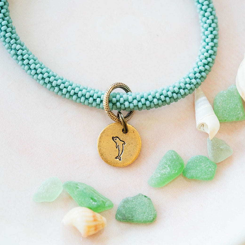Beach Vibes Handstamped Charm Bracelet - Customizable Summer Jewelry Beaded Bangles Bella Vita Jewelry Gold Plated Dolphin
