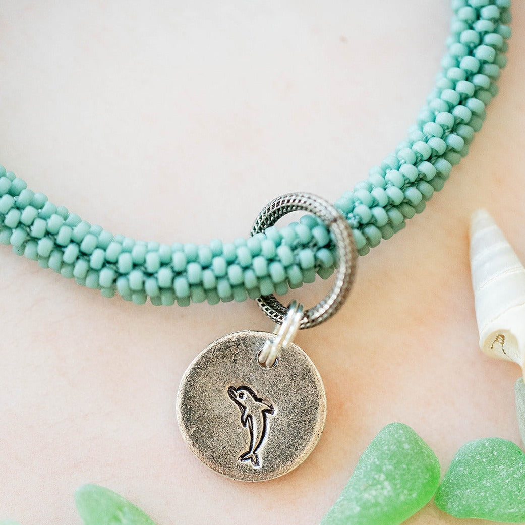 Beach Vibes Handstamped Charm Bracelet - Customizable Summer Jewelry Beaded Bangles Bella Vita Jewelry Pewter Dolphin