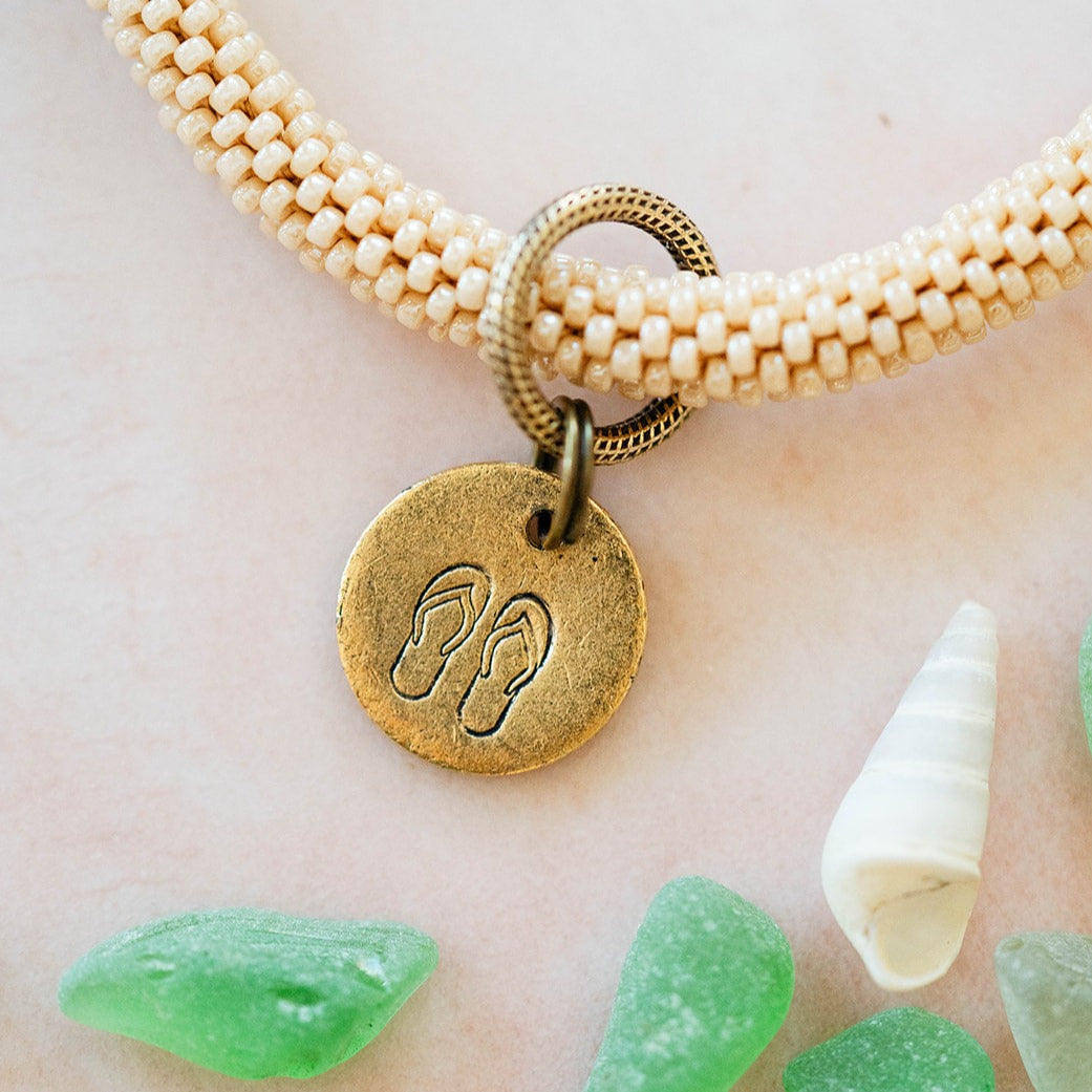 Beach Vibes Handstamped Charm Bracelet - Customizable Summer Jewelry Beaded Bangles Bella Vita Jewelry Gold Plated Flip Flops