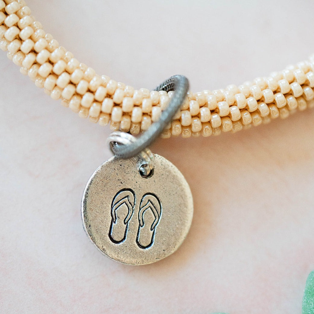 Beach Vibes Handstamped Charm Bracelet - Customizable Summer Jewelry Beaded Bangles Bella Vita Jewelry Pewter Flip Flops