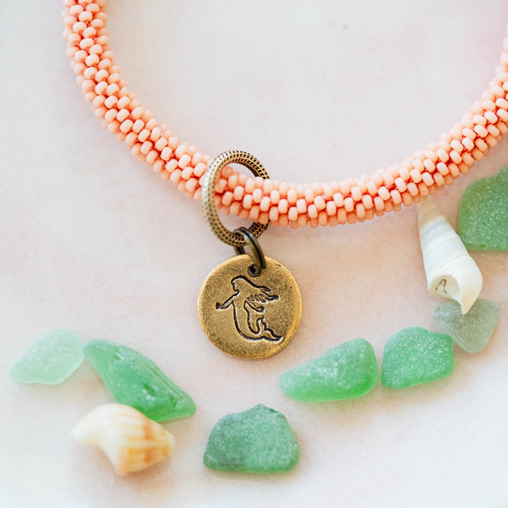 Beach Vibes Handstamped Charm Bracelet - Customizable Summer Jewelry Beaded Bangles Bella Vita Jewelry Gold Plated Mermaid