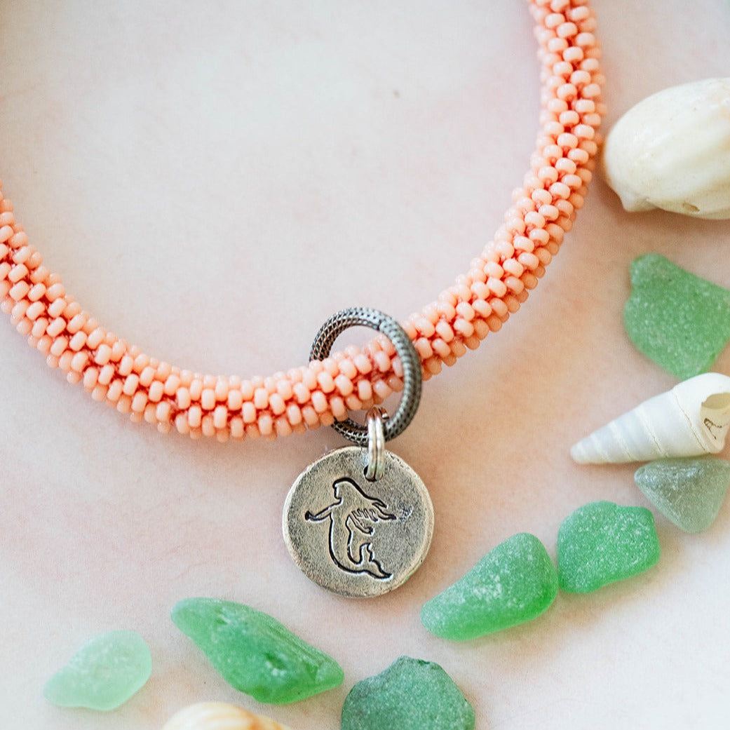 Beach Vibes Handstamped Charm Bracelet - Customizable Summer Jewelry Beaded Bangles Bella Vita Jewelry Pewter Mermaid