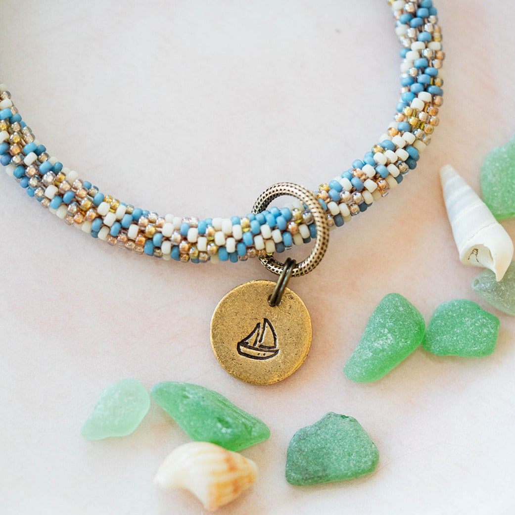 Beach Vibes Handstamped Charm Bracelet - Customizable Summer Jewelry Beaded Bangles Bella Vita Jewelry Gold Plated Sailboat