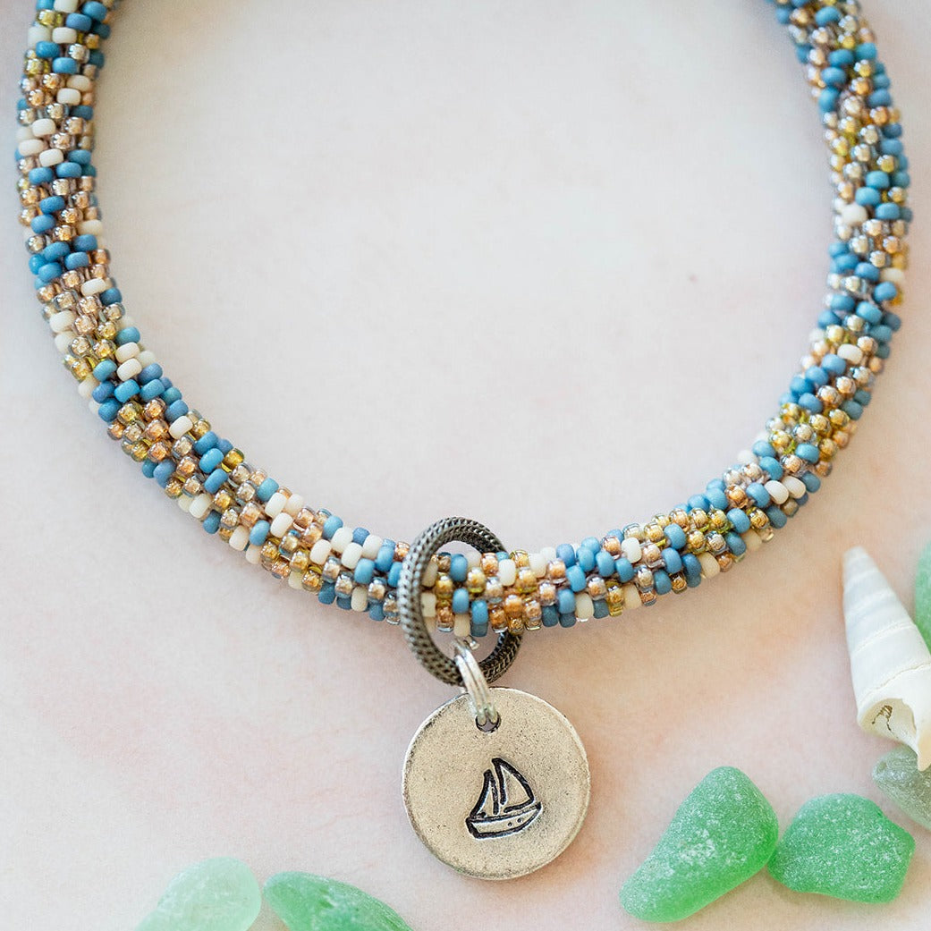 Beach Vibes Handstamped Charm Bracelet - Customizable Summer Jewelry Beaded Bangles Bella Vita Jewelry Pewter Sailboat