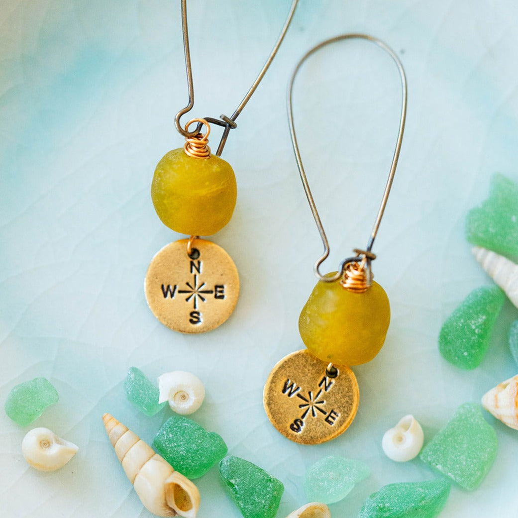 Beach Vibes Handstamped Sea Glass Earrings - Customizable Summer Jewelry Dangle Earrings Bella Vita Jewelry Gold Plated Compass