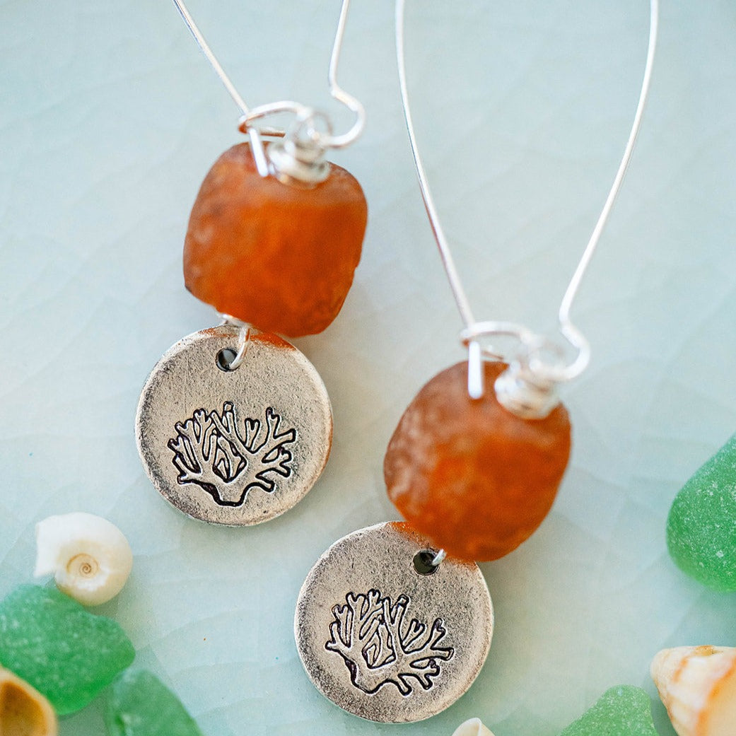 Beach Vibes Handstamped Sea Glass Earrings - Customizable Summer Jewelry Dangle Earrings Bella Vita Jewelry Antique Pewter Coral