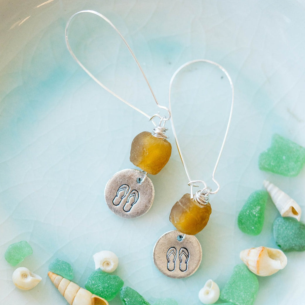 Beach Vibes Handstamped Sea Glass Earrings - Customizable Summer Jewelry Dangle Earrings Bella Vita Jewelry Antique Pewter Flip Flops