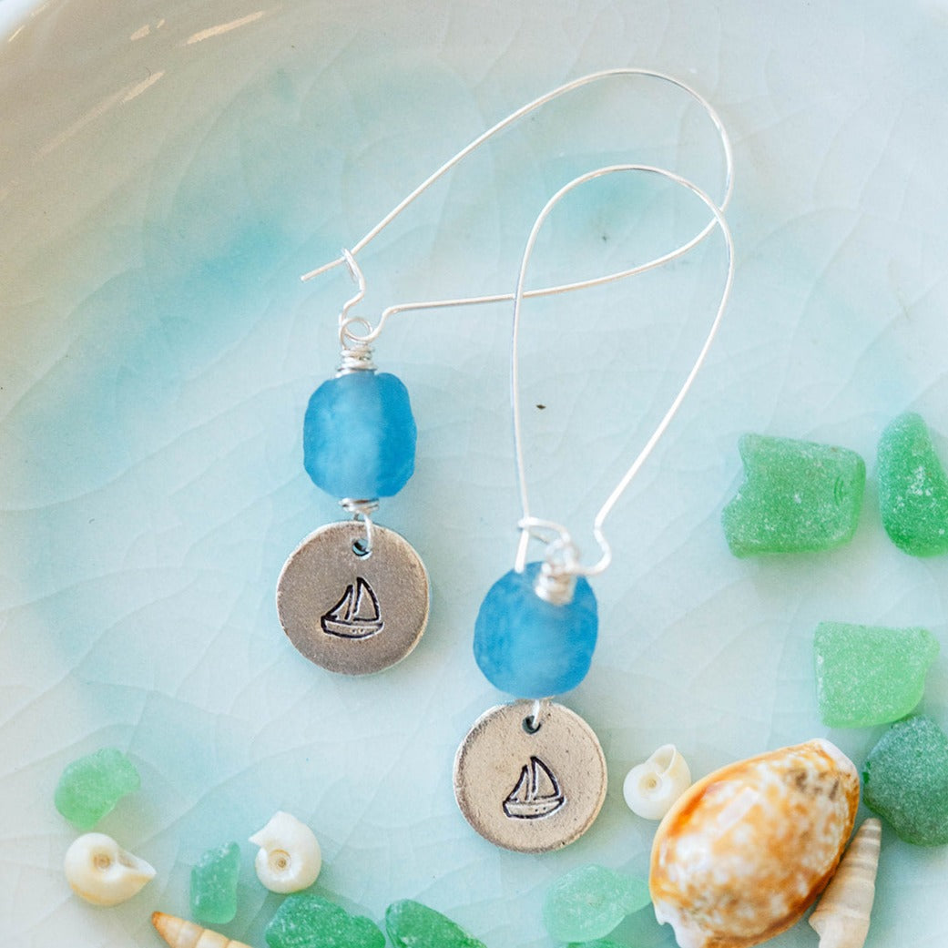 Beach Vibes Handstamped Sea Glass Earrings - Customizable Summer Jewelry Dangle Earrings Bella Vita Jewelry Antique Pewter Sailboat
