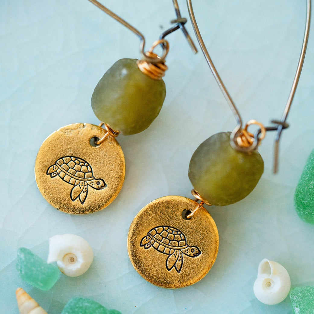 Beach Vibes Handstamped Sea Glass Earrings - Customizable Summer Jewelry Dangle Earrings Bella Vita Jewelry Gold Plated Turtle