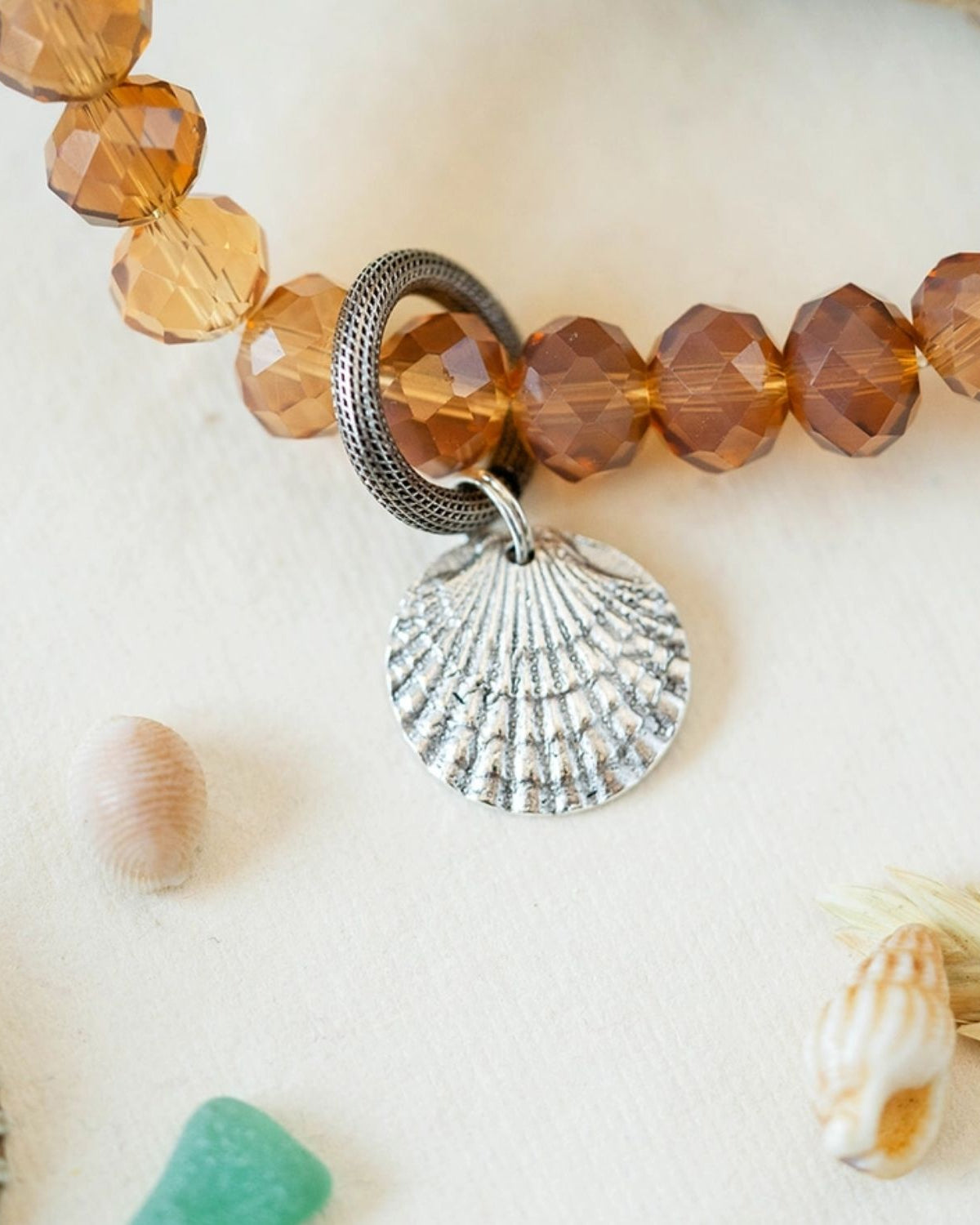 Yacht Rock Scallop Shell Charm Bracelet Beaded Bangles Bella Vita Jewelry Antique Pewter