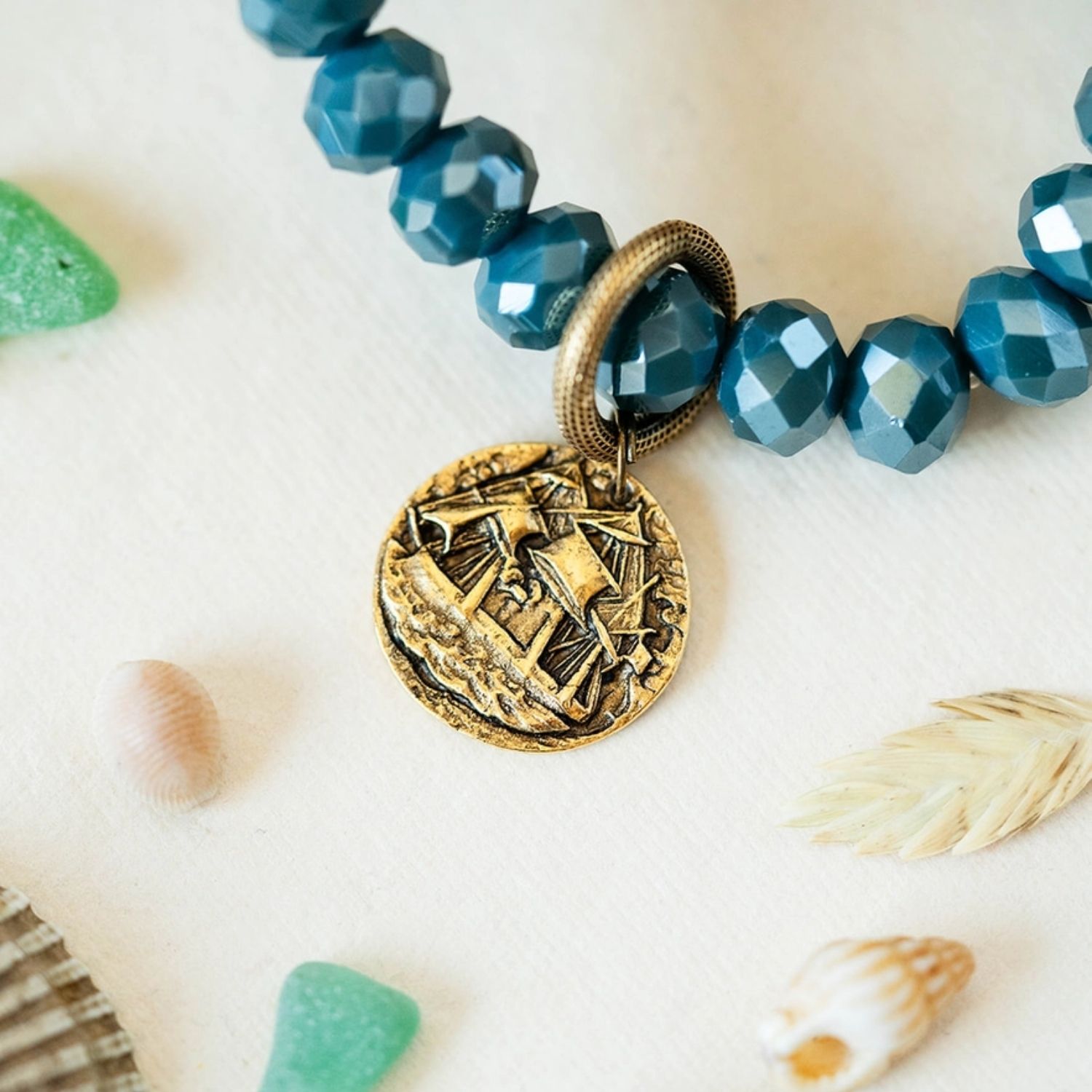 Yacht Rock Ship Charm Bracelet Beaded Bangles Bella Vita Jewelry Gold Plated