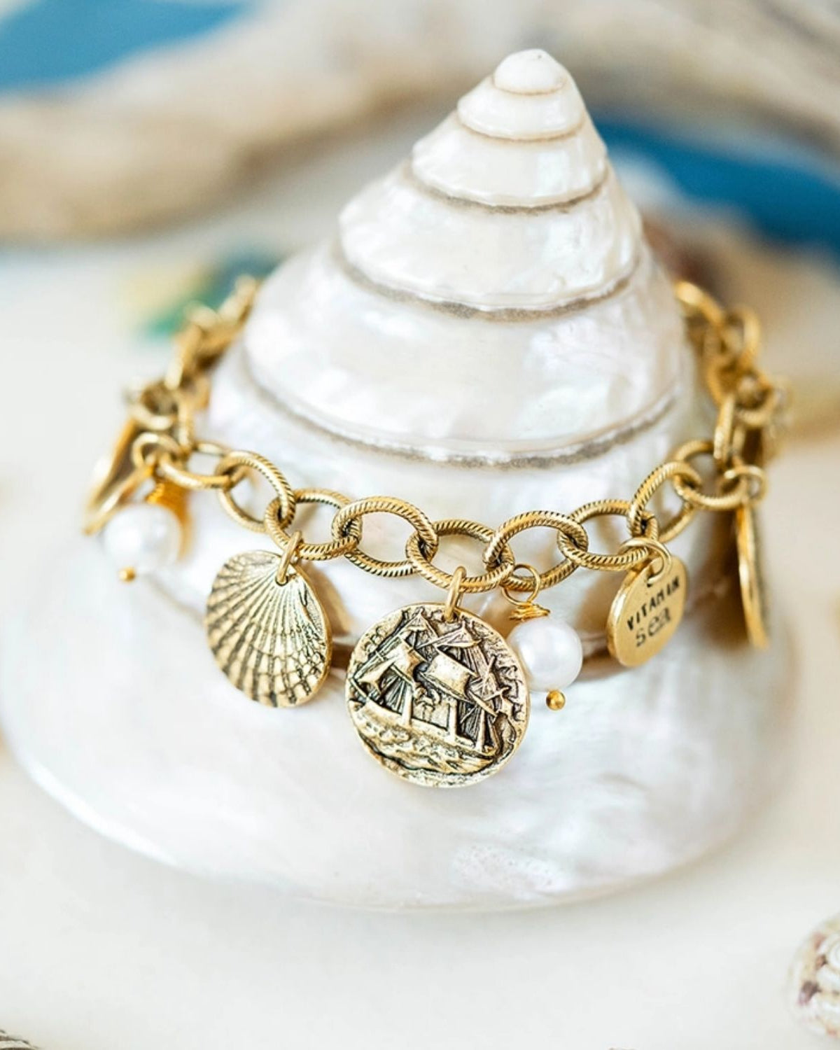 Yacht Rock Statement Charm Bracelet Chain Bracelets Bella Vita Jewelry Gold Plated Charm/ Gold Plated Chain