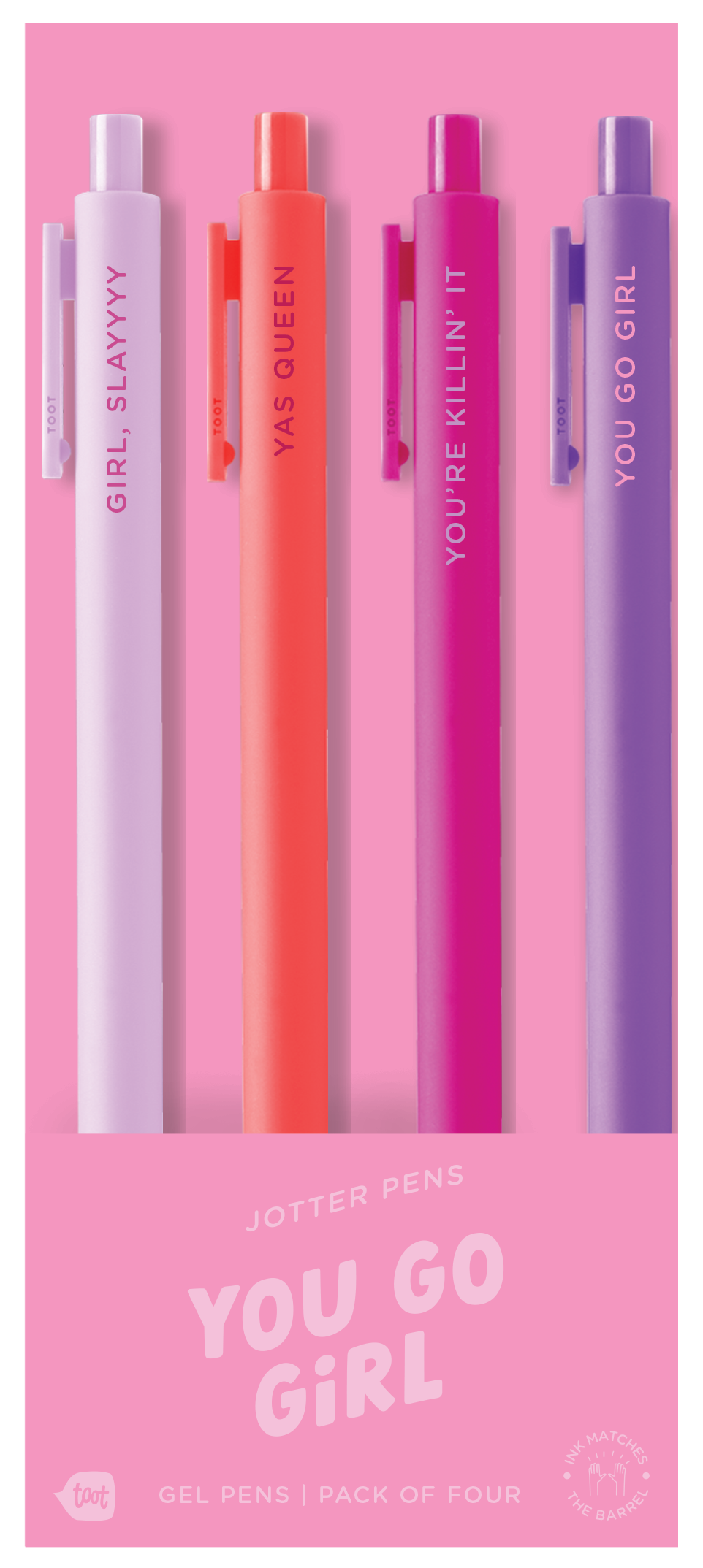 Set of four pens in different colors with motivational text on a pink background