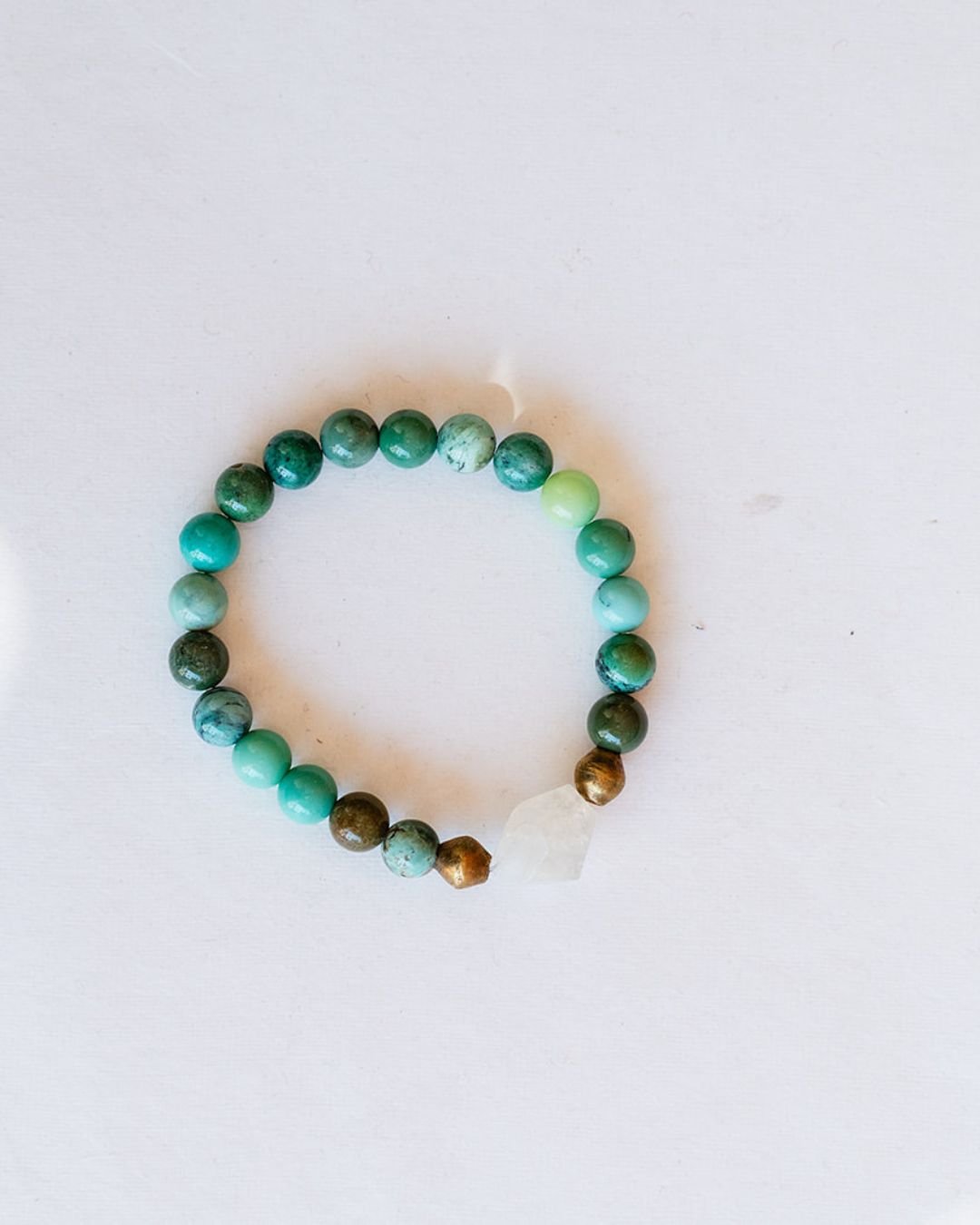 Chrysoprase gemstone bracelet with teal beads and clear quartz accent