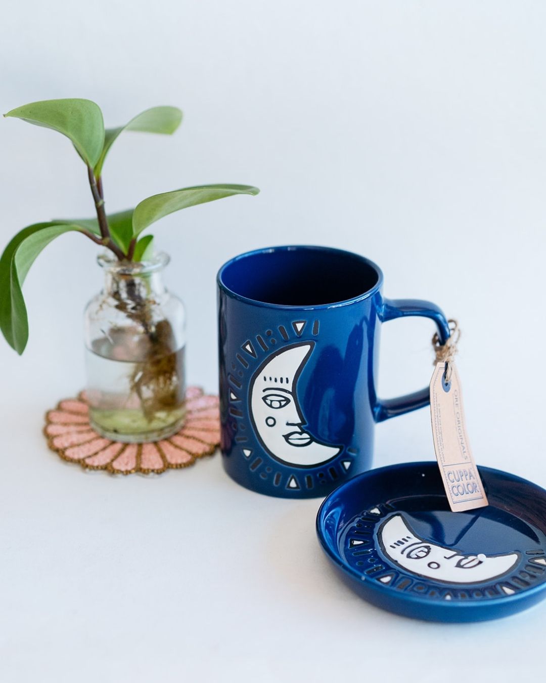 Deep blue mug with moon and stars, matching coaster and gift tag