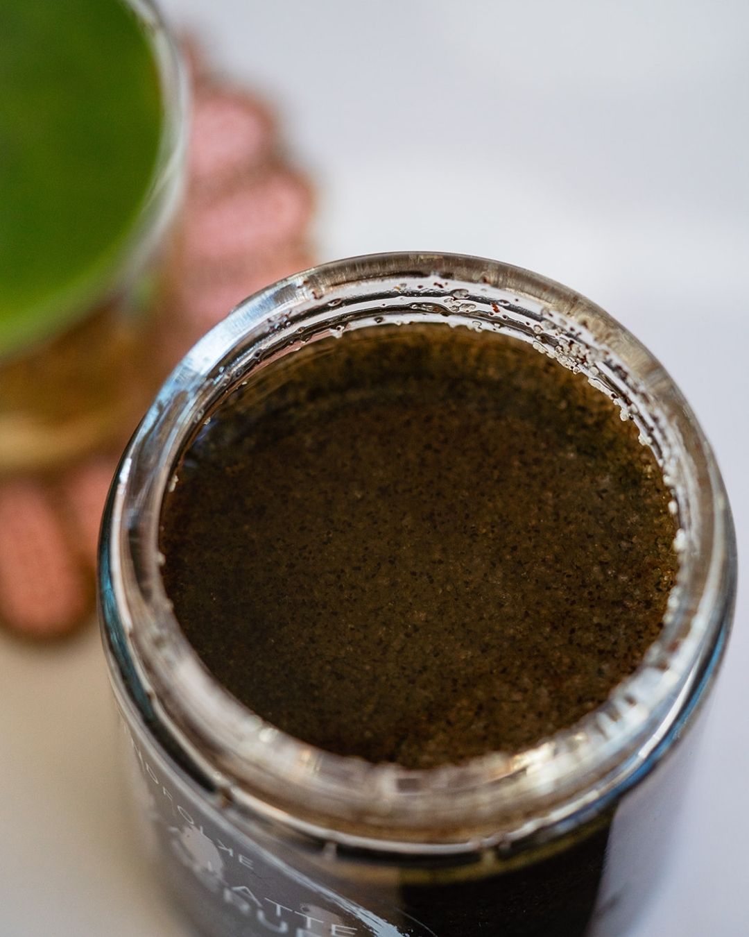 Vanilla Latte body scrub with coffee grounds and raw sugar for energizing skin